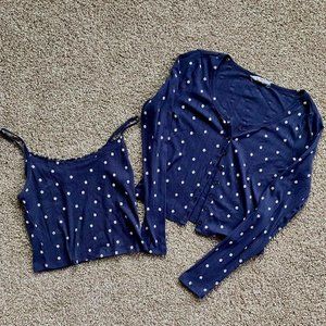 Two piece set knit cardigan and tank top crop top navy blue with flowers